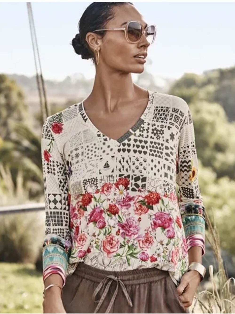 Johnny Was Mystery Print Long Sleeve V-Neck Tee